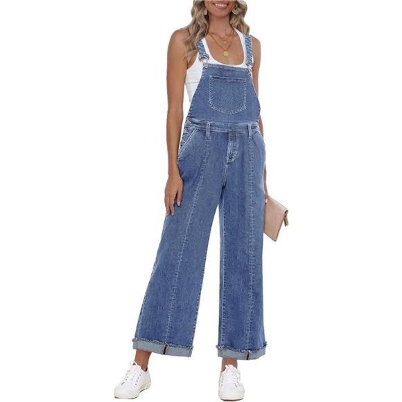 Women´s Overalls Denim Loose Fit Wide Leg Bib Stretch...